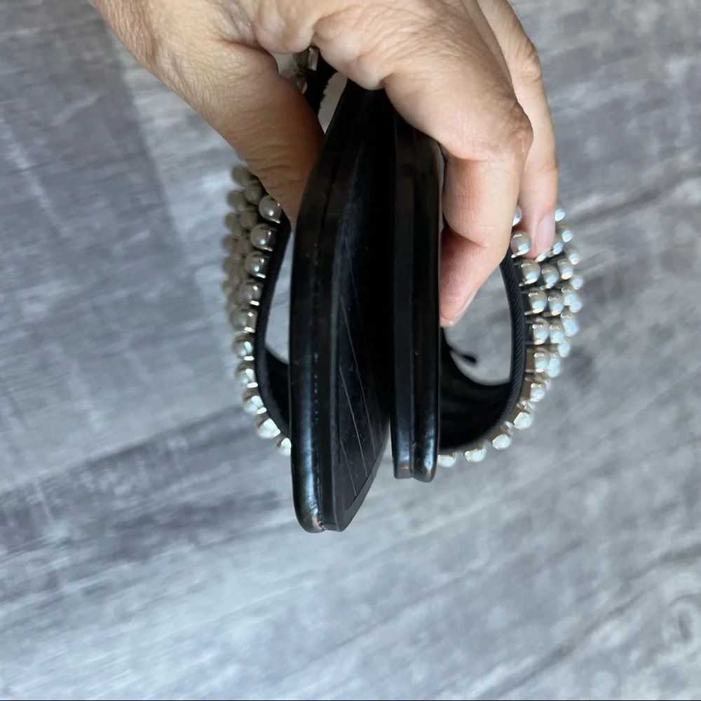 Zara Pearl Mesh Slide Sandals Black Rhinestone Flats Size 42 - Picture 9 of 10